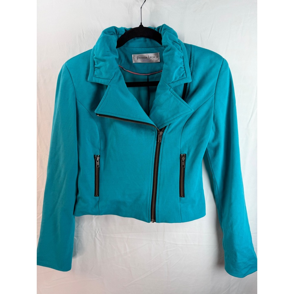 Patrizia Luca Milano Womens Teal Blue Asymmetrical Zip Moto Jacket Size S